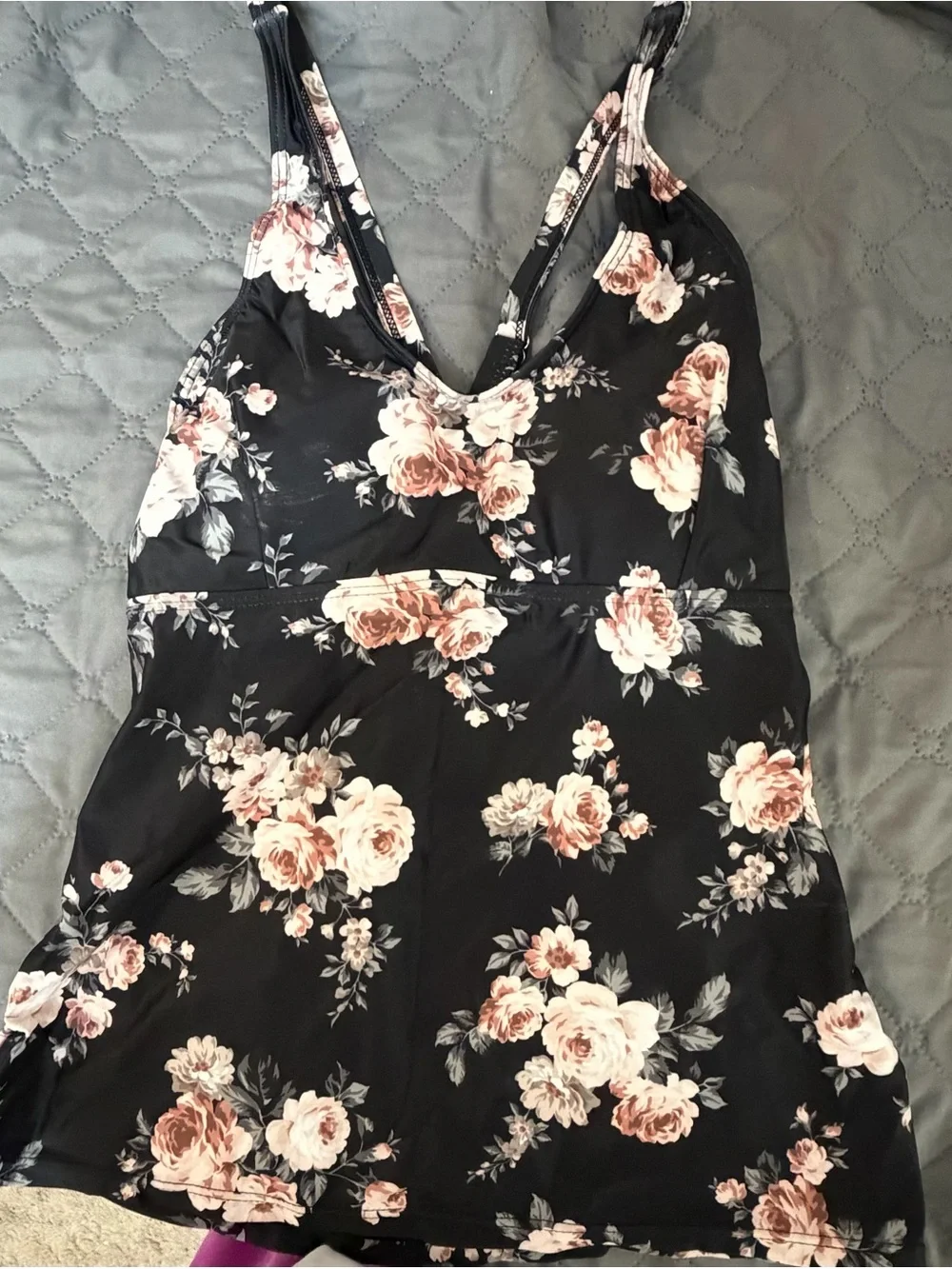 Brand new Floral Black V-Neck Women's Swim Dress Bikini Top - Pink Rose Print